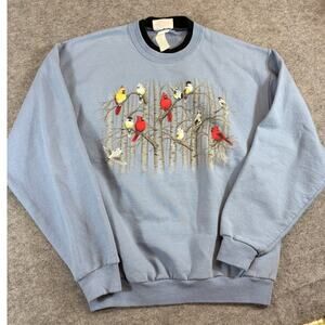 VINTAGE Morning Sun Birds Sweatshirt Mens Medium Blue Nature Cardinal Crewneck
